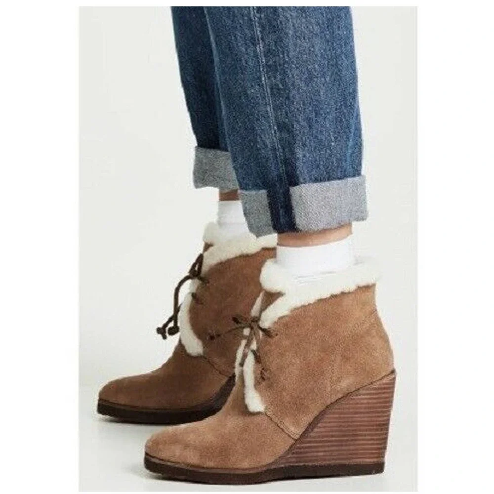 Splendid 9.5M Fleece Lined Wedge Heel Winter Booties Catalina Light Brown Suede